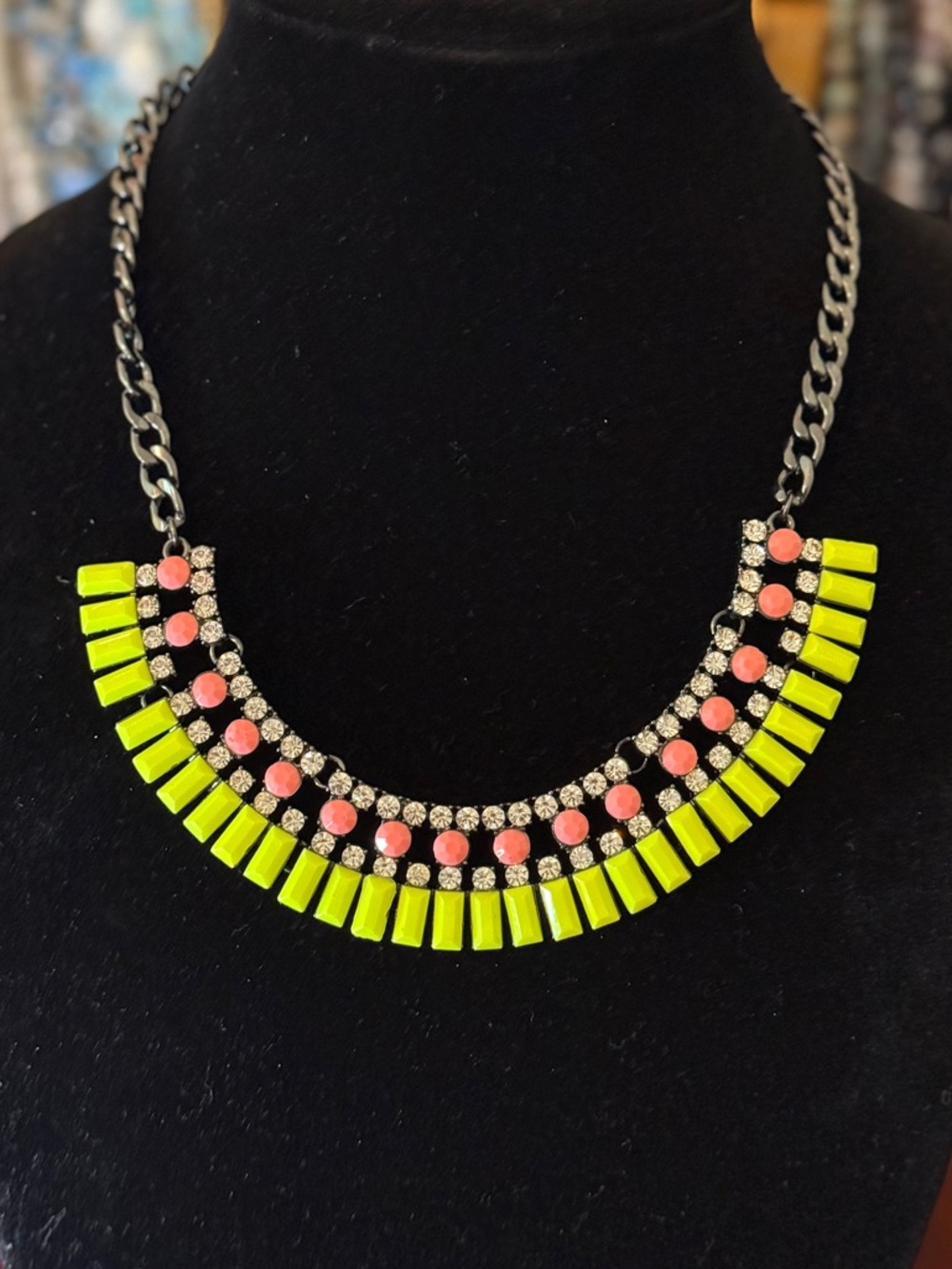 Neon Yellow & Coral Color Bib Necklace with Sparkling Crystals